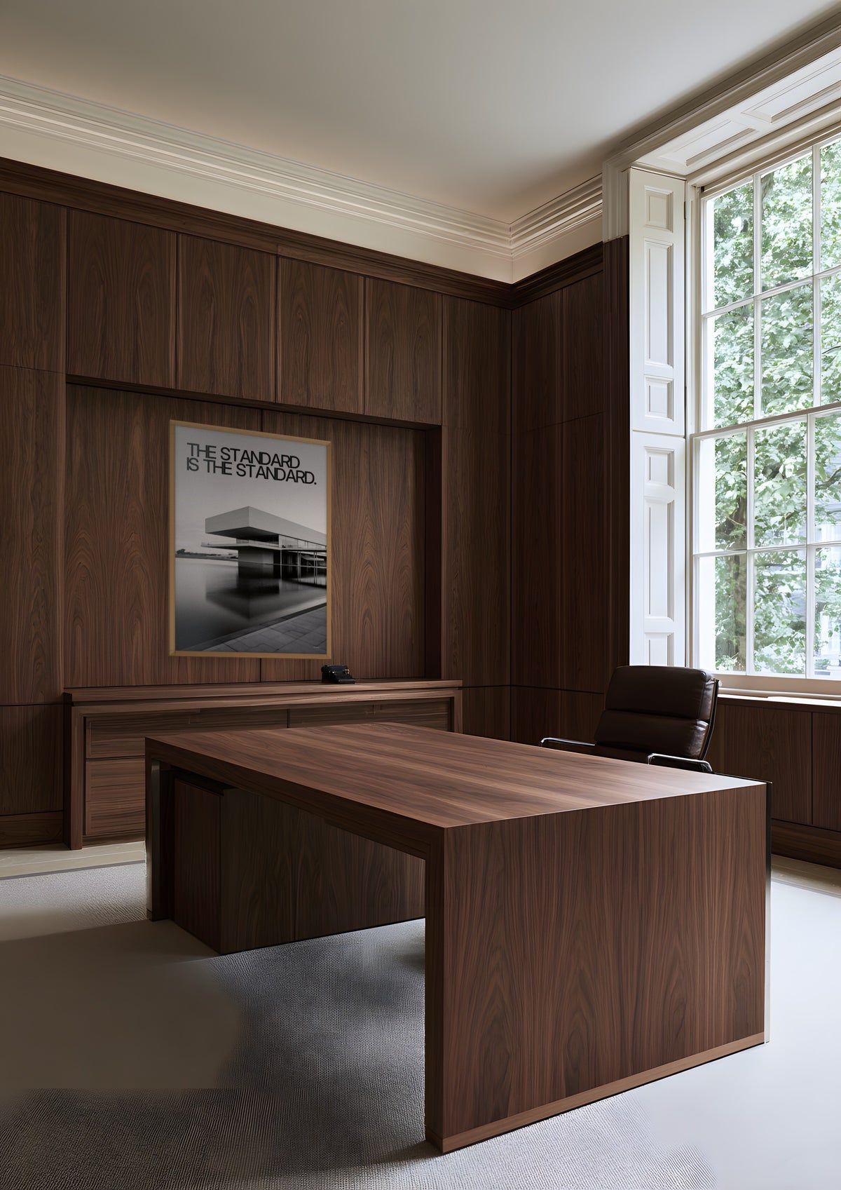 The Standard in a natural wood frame, shown in mayfair-chairman-office