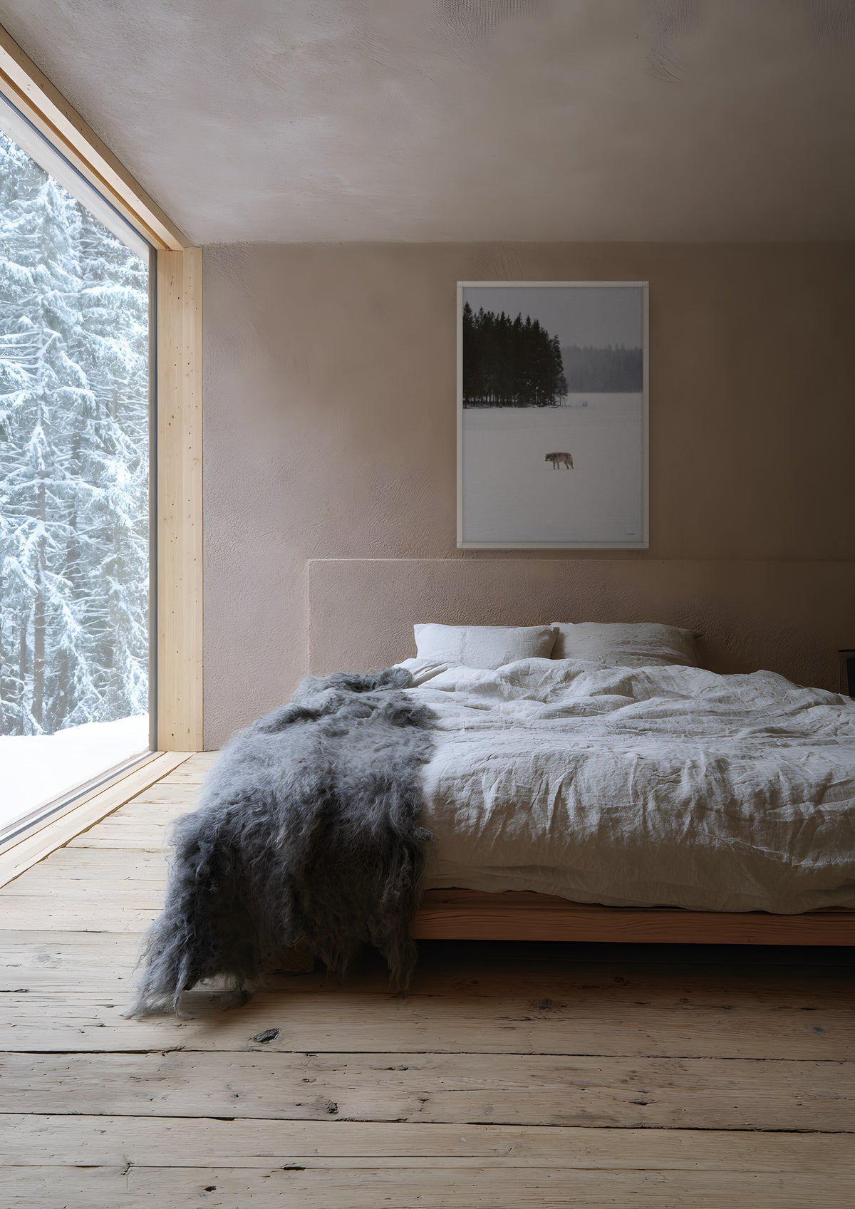 The Wolf in a white frame, shown in alpine-bedroom
