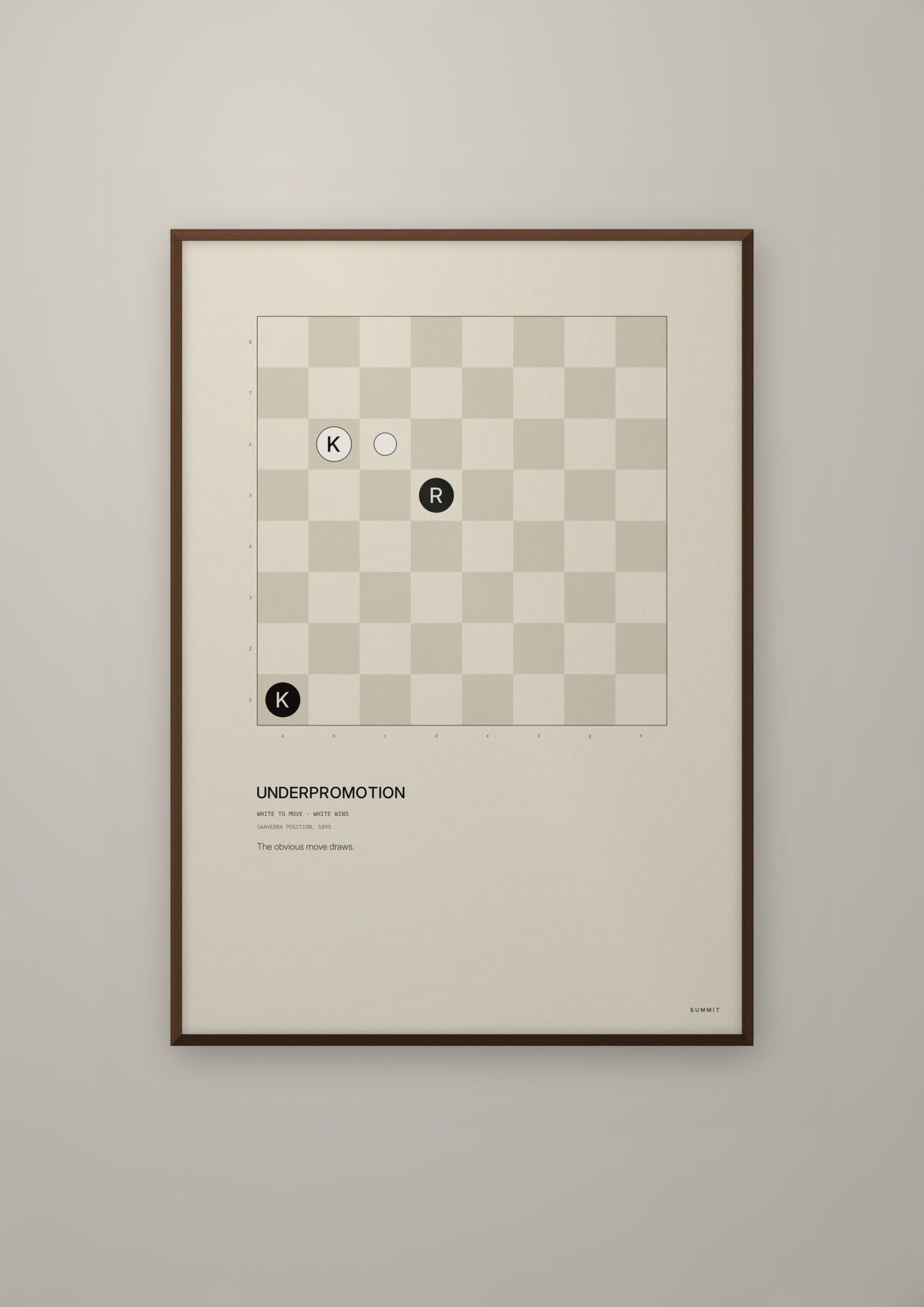 Underpromotion in a dark wood frame