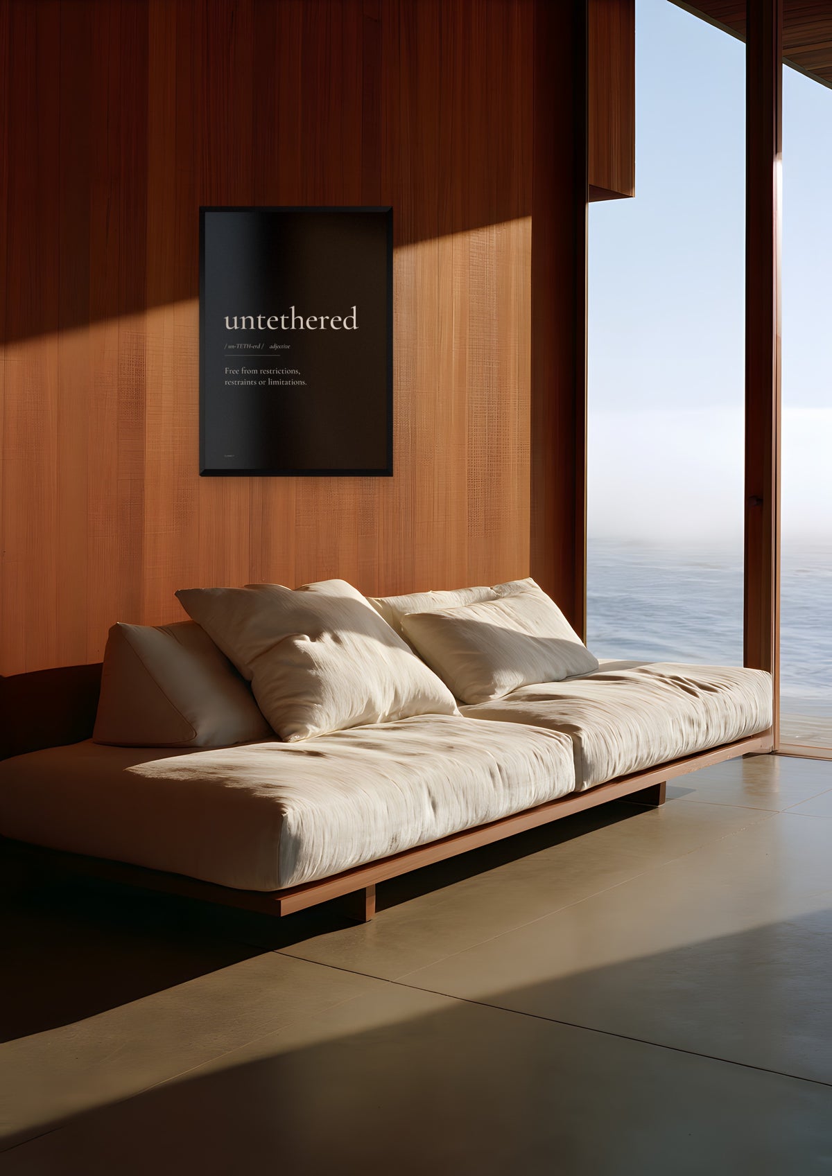 Untethered (Black) in a black frame, shown in big-sur-cliff-house