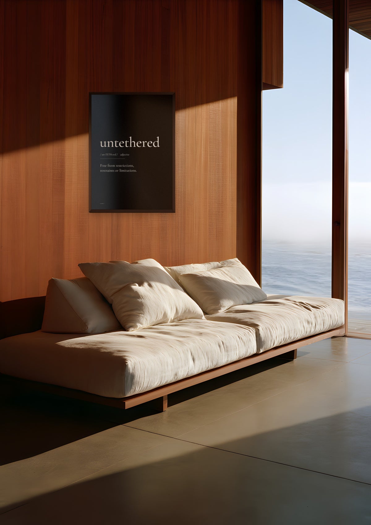 Untethered (Black) in a dark wood frame, shown in big-sur-cliff-house