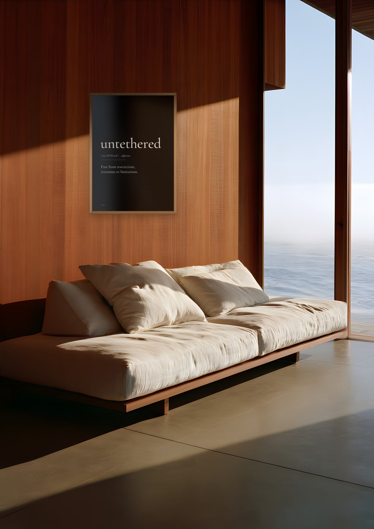 Untethered (Black) in a natural wood frame, shown in big-sur-cliff-house