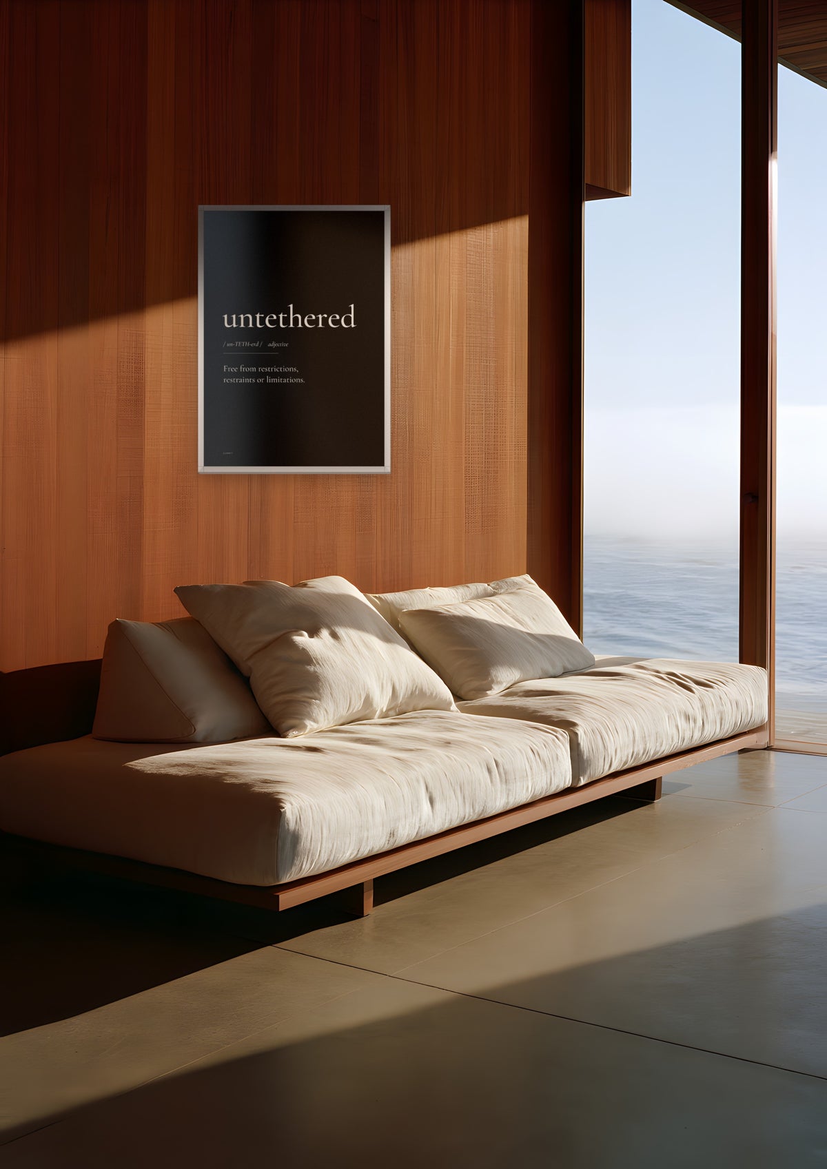 Untethered (Black) in a white frame, shown in big-sur-cliff-house