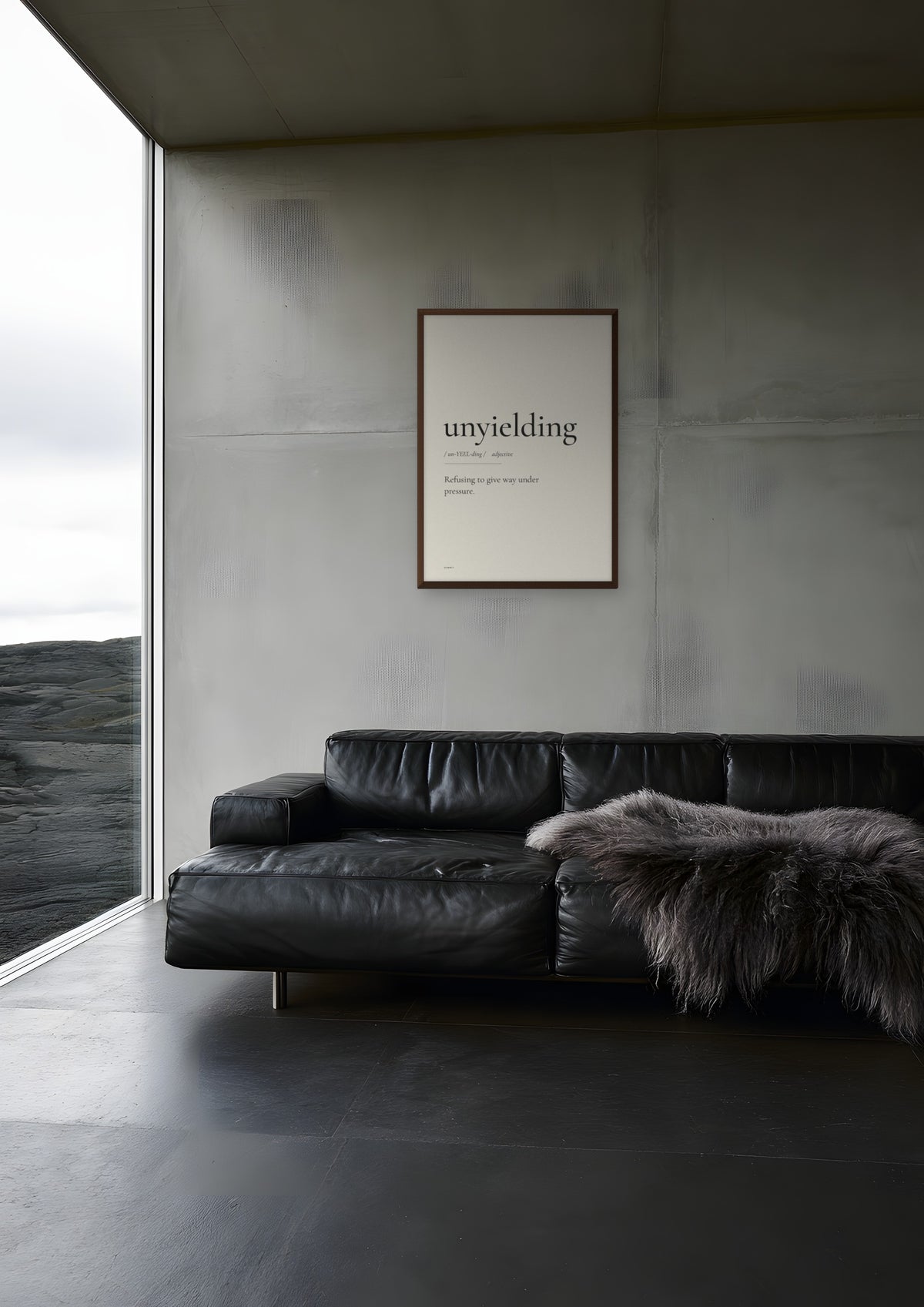 Unyielding in a dark wood frame, shown in iceland-concrete-house
