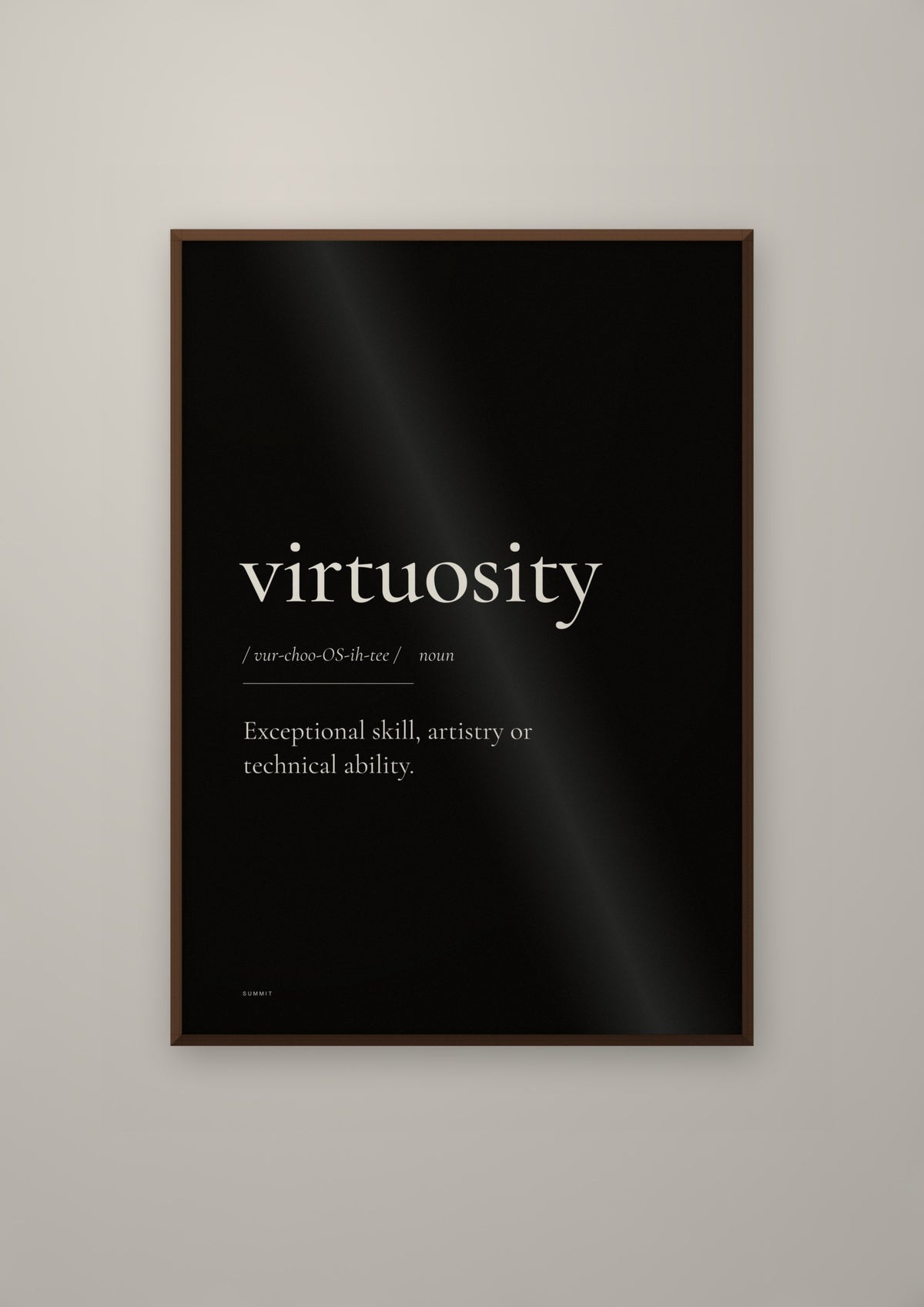 Virtuosity (Black) in a dark wood frame
