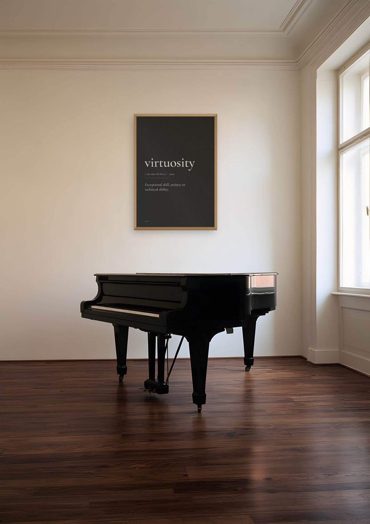 Virtuosity (Black) in a natural wood frame, shown in prague-music-room