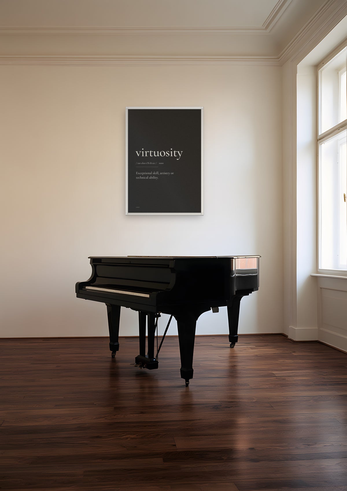 Virtuosity (Black) in a white frame, shown in prague-music-room