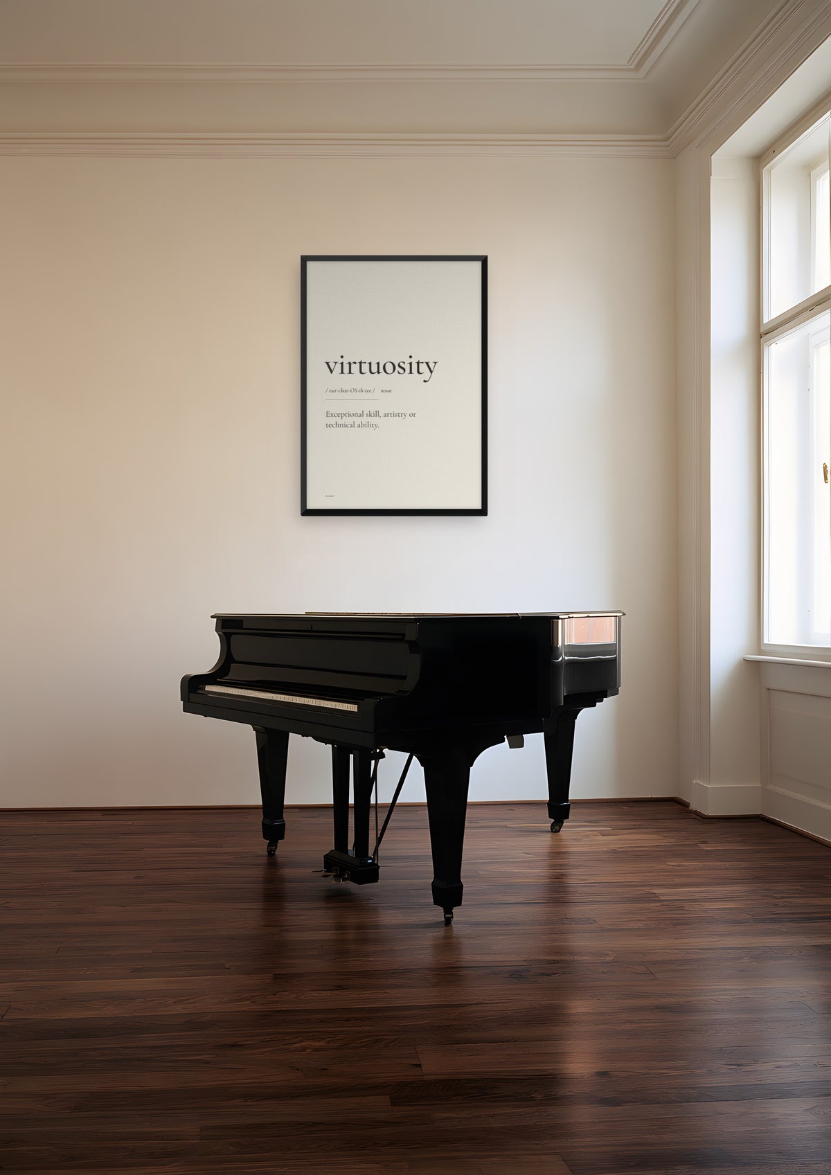 Virtuosity in a black frame, shown in prague-music-room