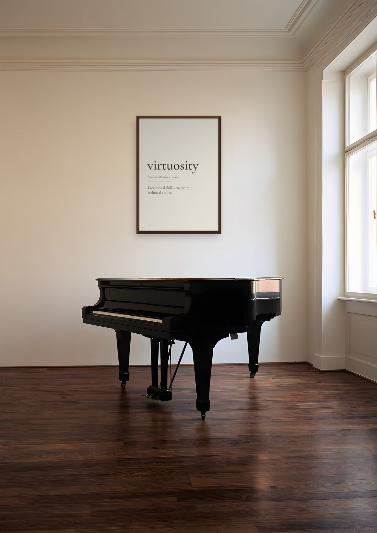 Virtuosity in a dark wood frame, shown in prague-music-room