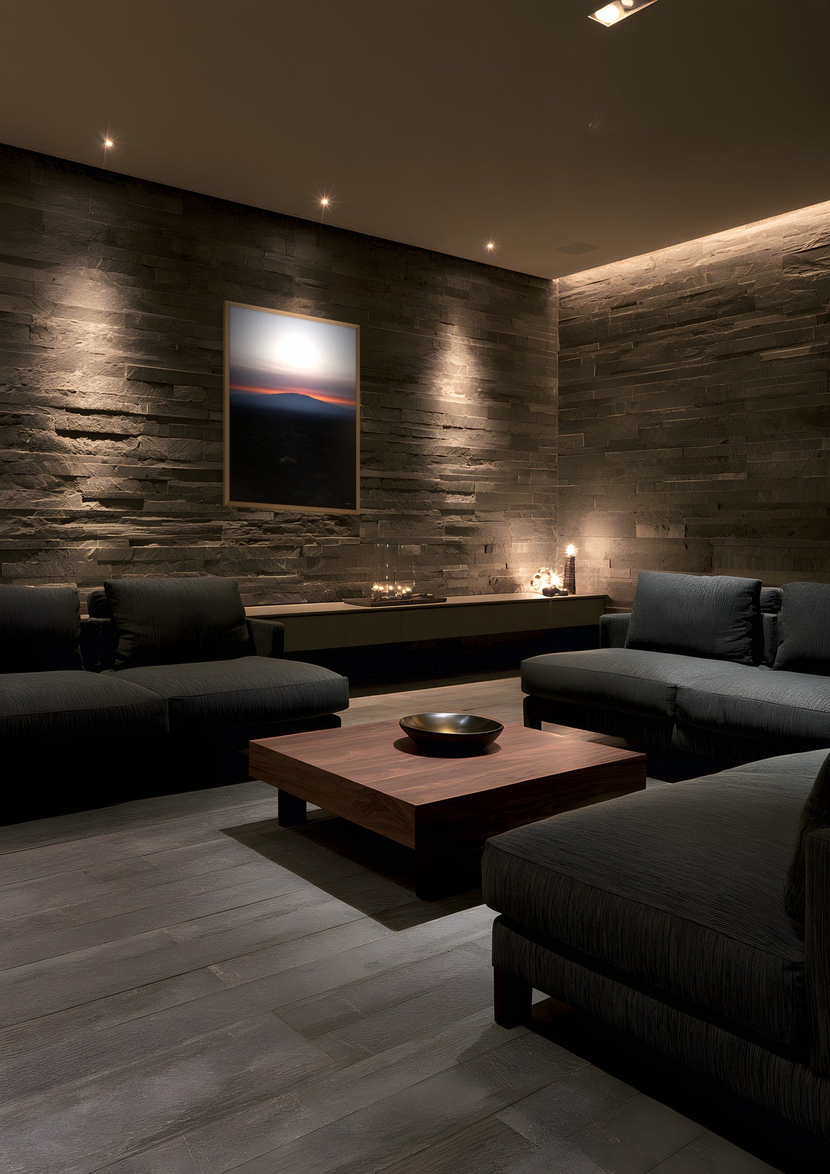 Volcanic Horizon in a natural wood frame, shown in executive-lounge-night