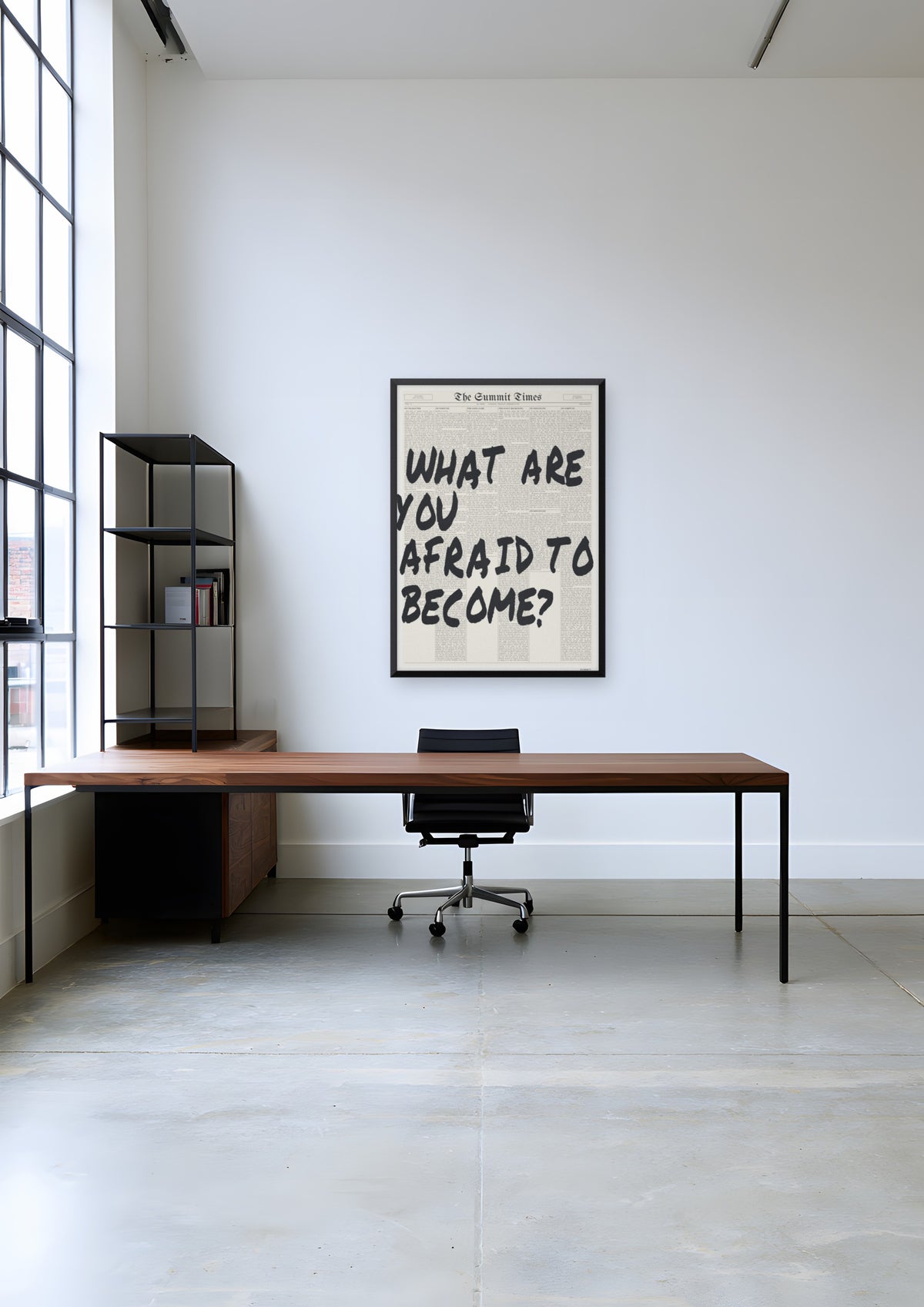 What Are You Afraid to Become? in a black frame, shown in shoreditch-agency-studio