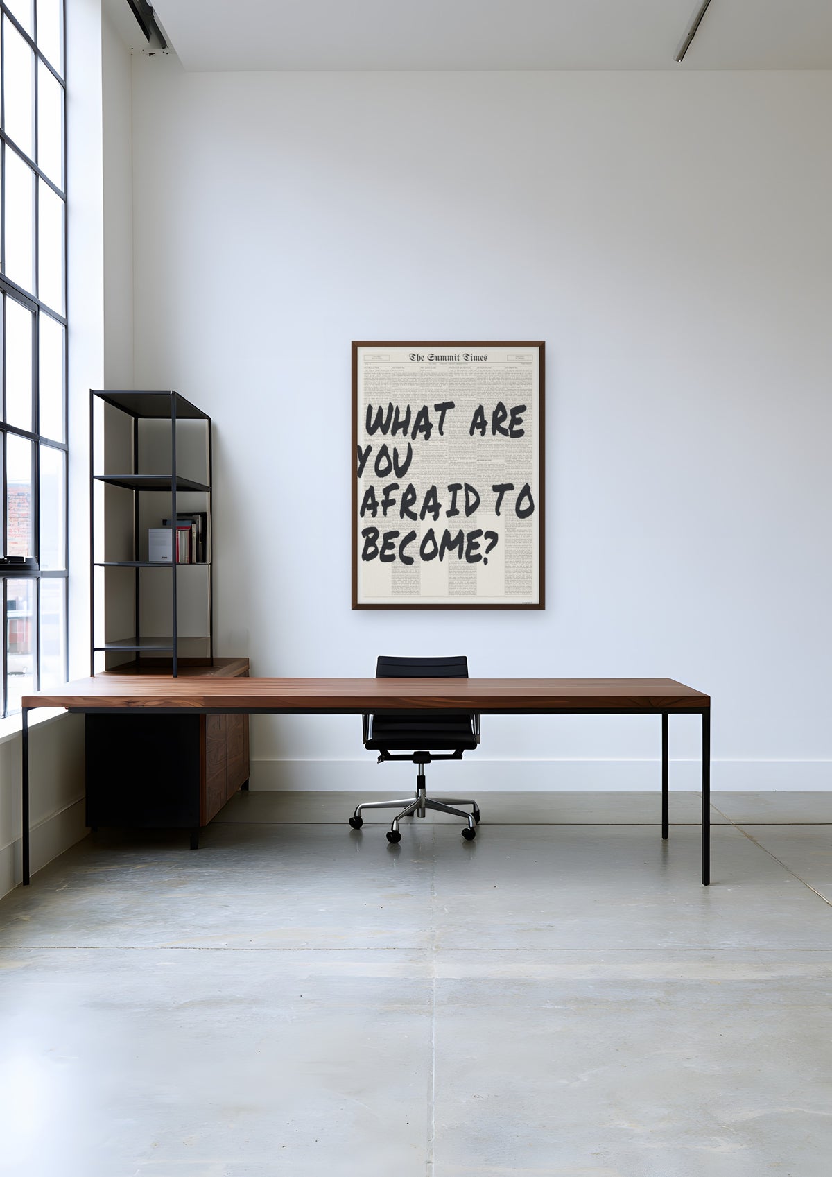 What Are You Afraid to Become? in a dark wood frame, shown in shoreditch-agency-studio