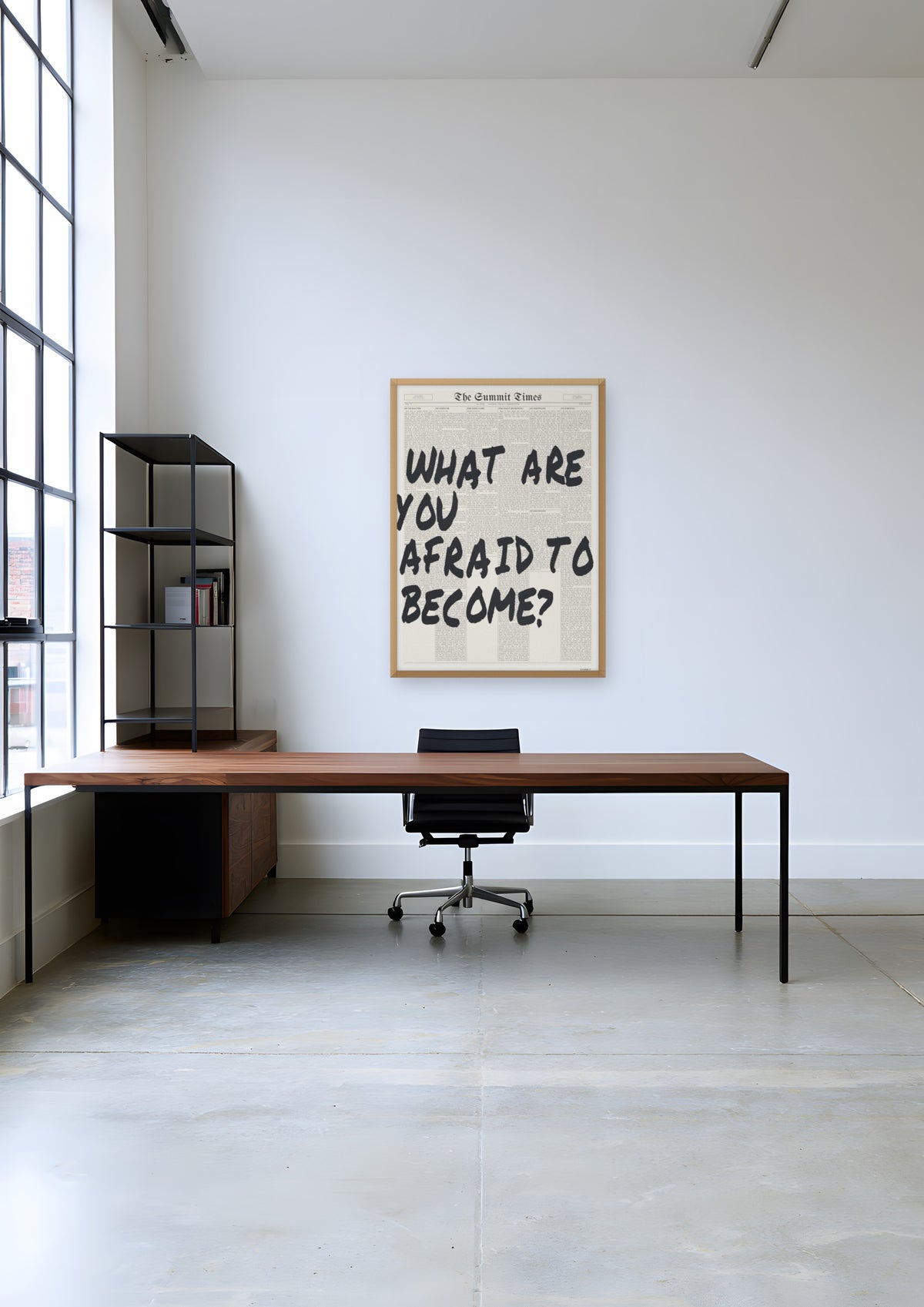What Are You Afraid to Become? in a natural wood frame, shown in shoreditch-agency-studio