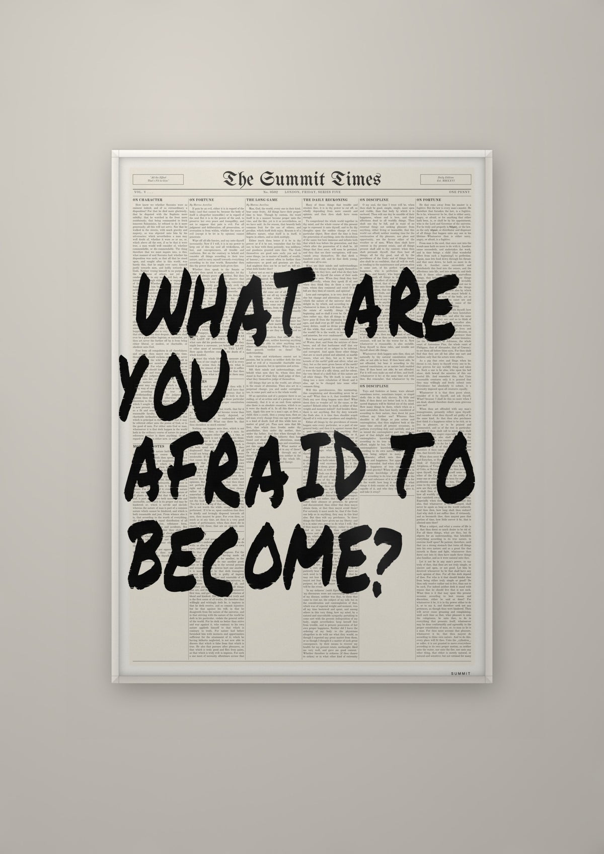 What Are You Afraid to Become? in a white frame