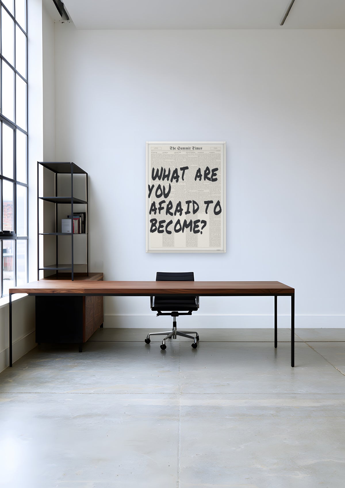 What Are You Afraid to Become? in a white frame, shown in shoreditch-agency-studio