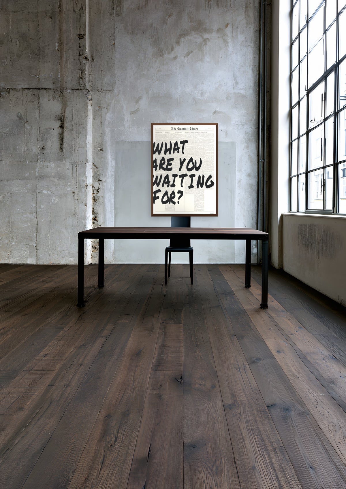 What Are You Waiting For? in a dark wood frame, shown in berlin-concrete-loft