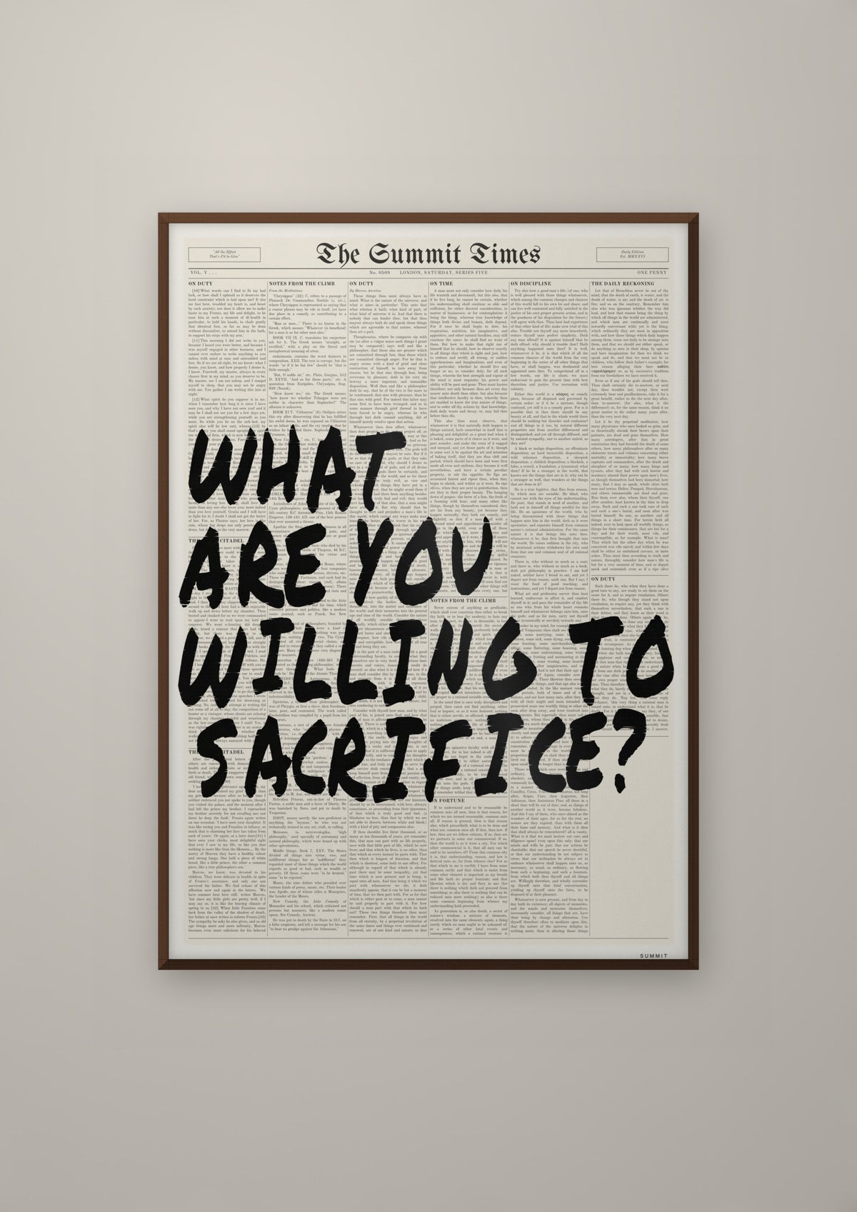 What Are You Willing to Sacrifice? in a dark wood frame