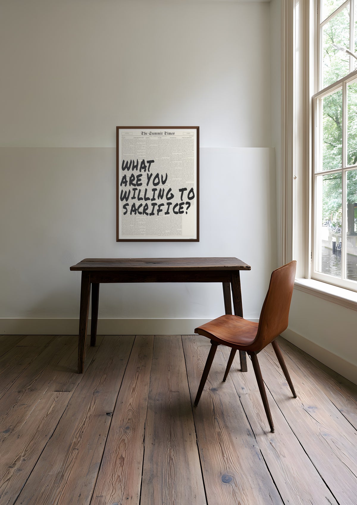 What Are You Willing to Sacrifice? in a dark wood frame, shown in amsterdam-canal-study