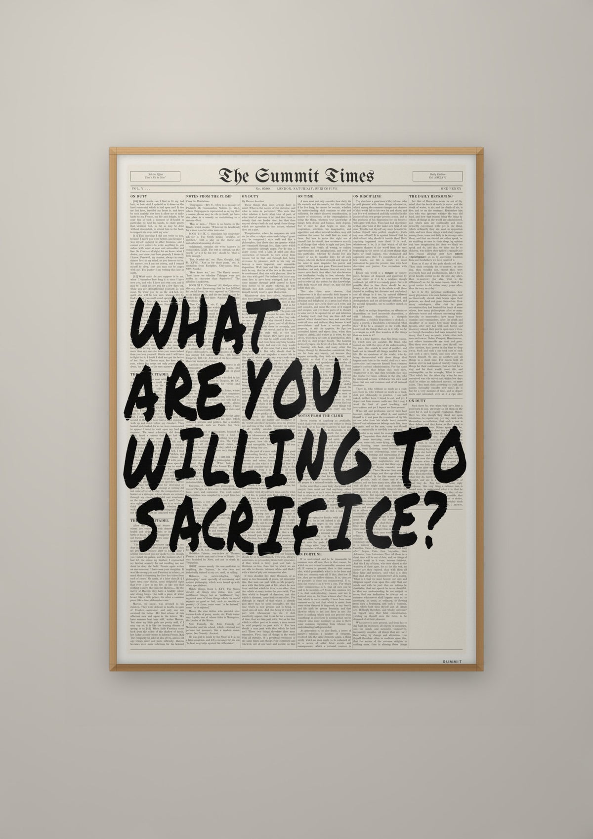 What Are You Willing to Sacrifice? in a natural wood frame