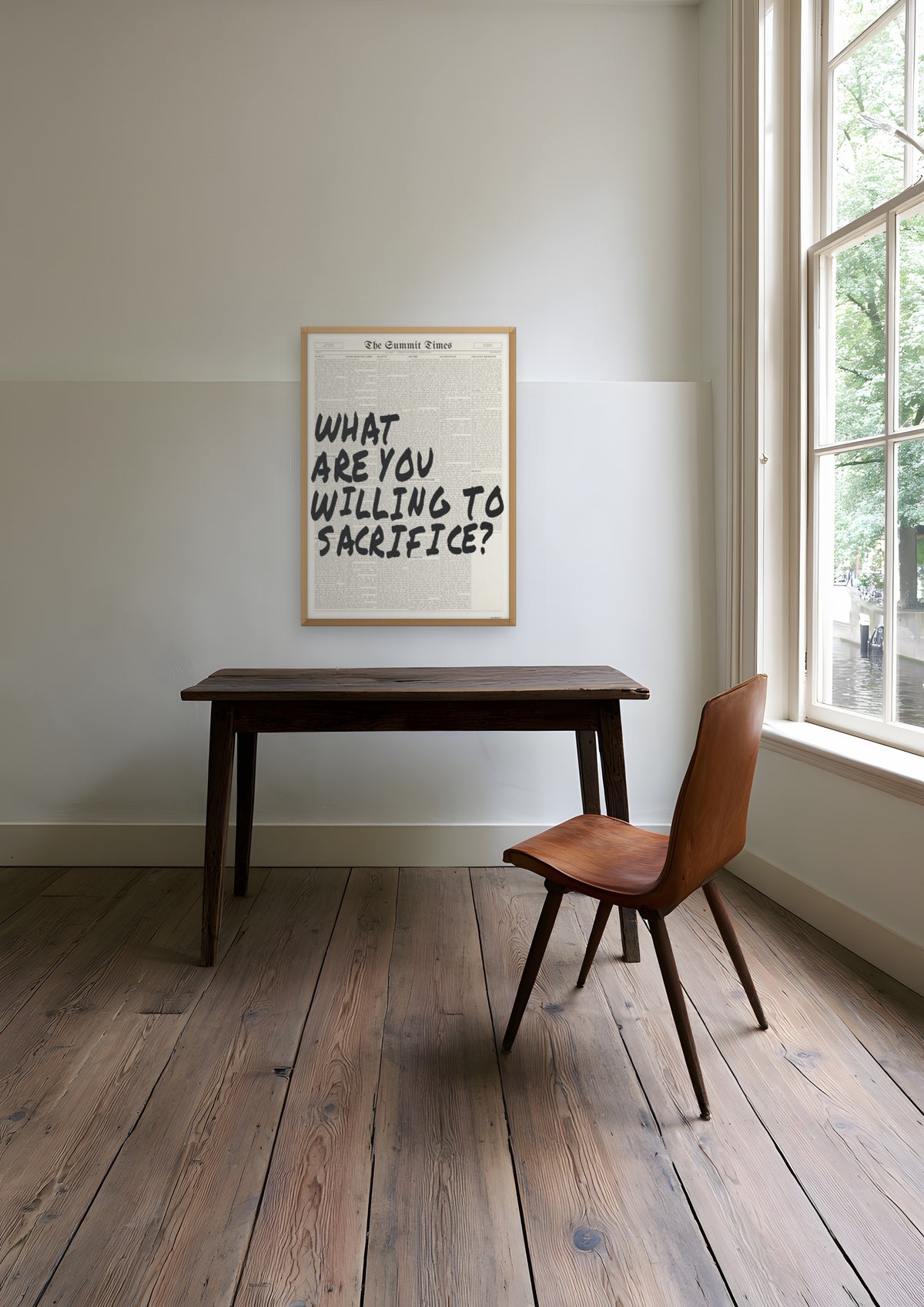 What Are You Willing to Sacrifice? in a natural wood frame, shown in amsterdam-canal-study