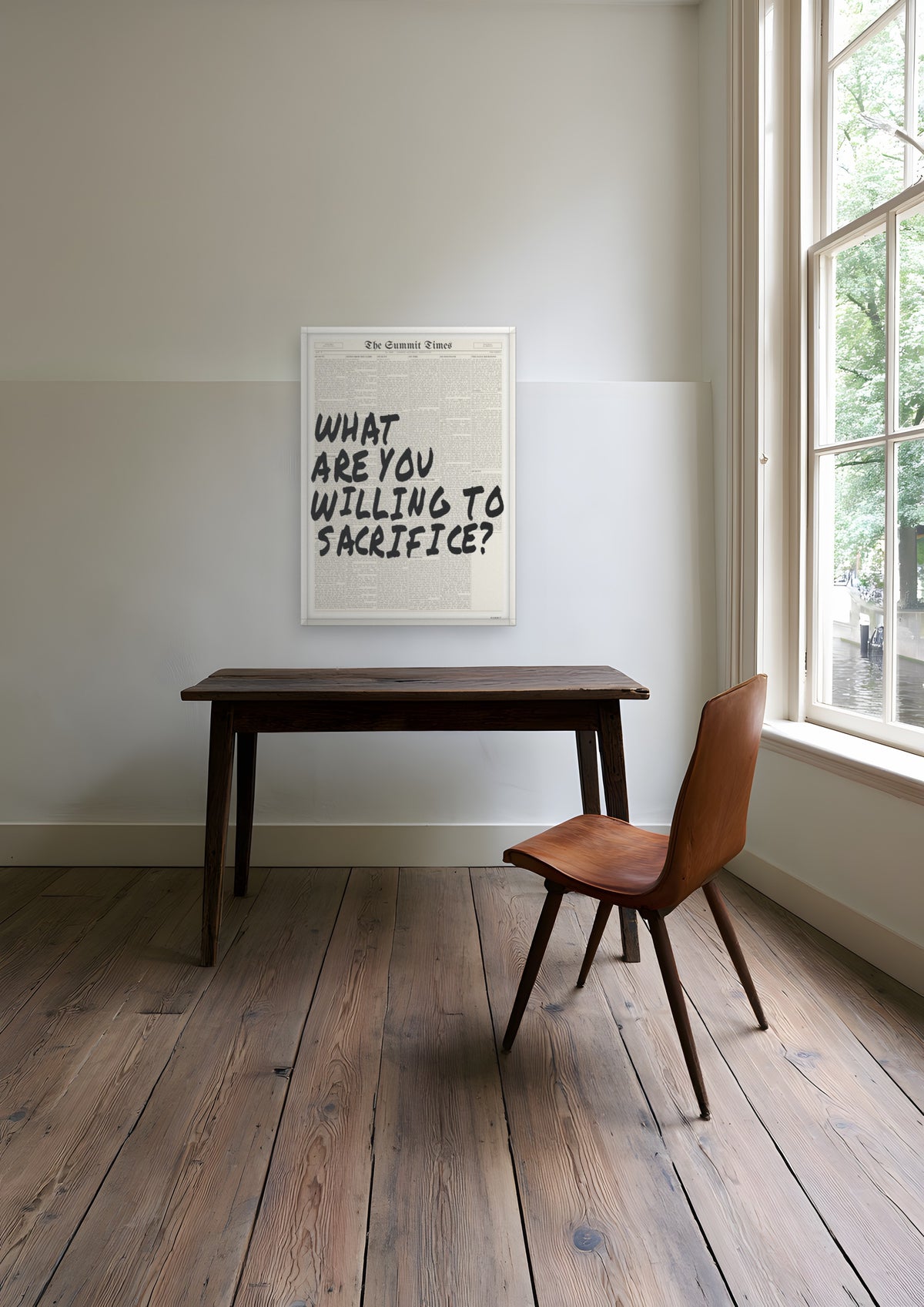 What Are You Willing to Sacrifice? in a white frame, shown in amsterdam-canal-study