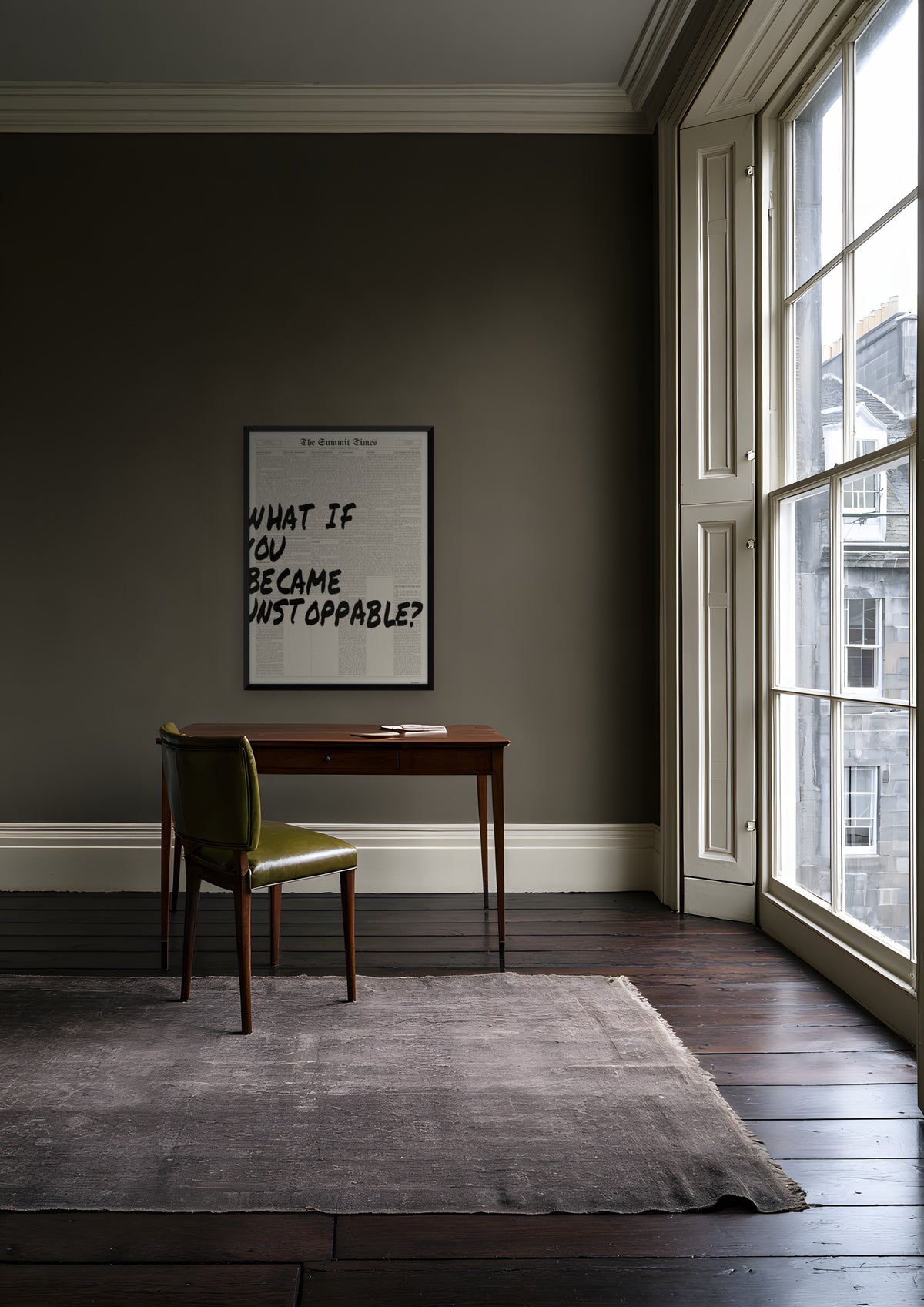What If You Became Unstoppable? in a black frame, shown in edinburgh-townhouse-study