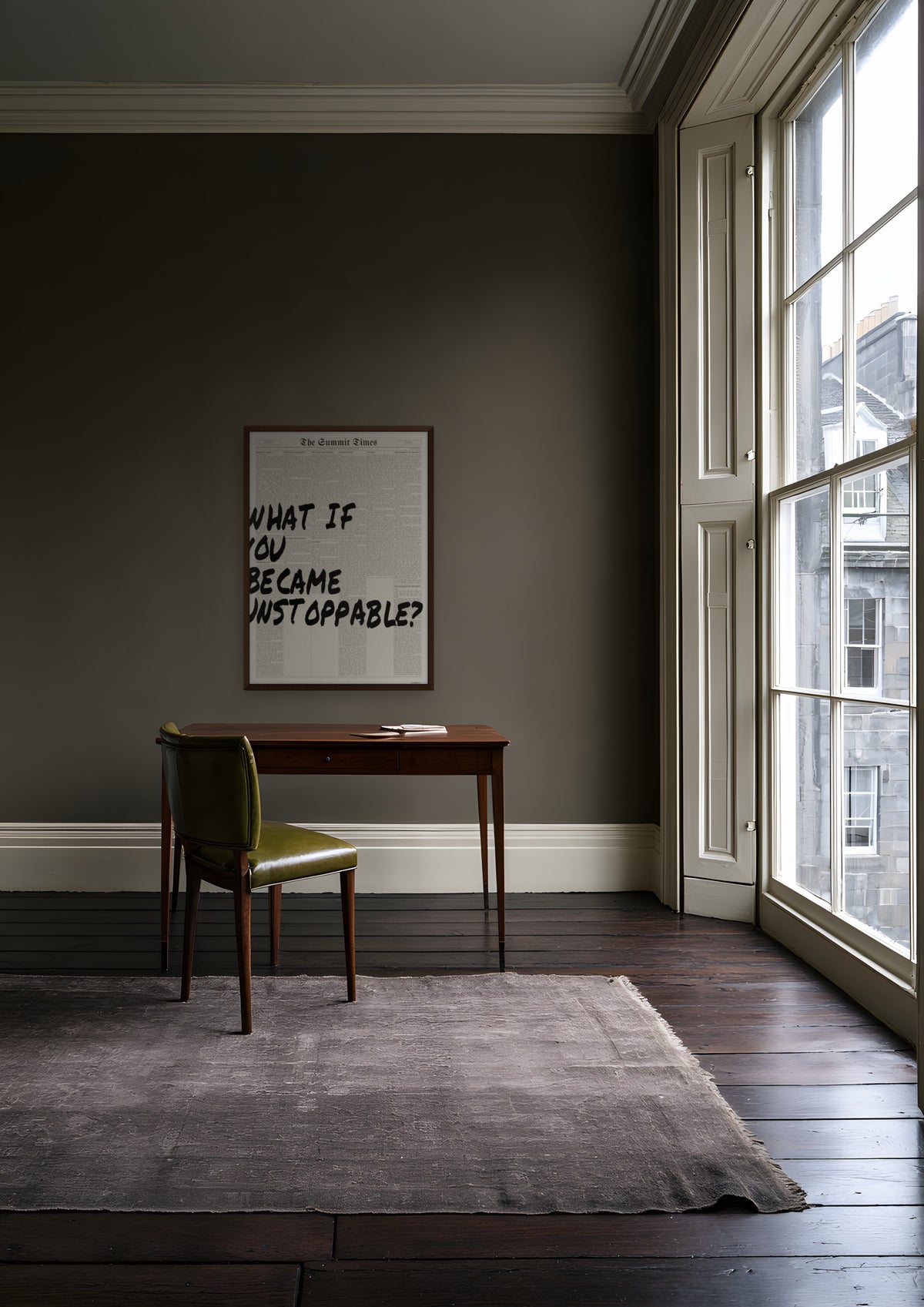 What If You Became Unstoppable? in a dark wood frame, shown in edinburgh-townhouse-study