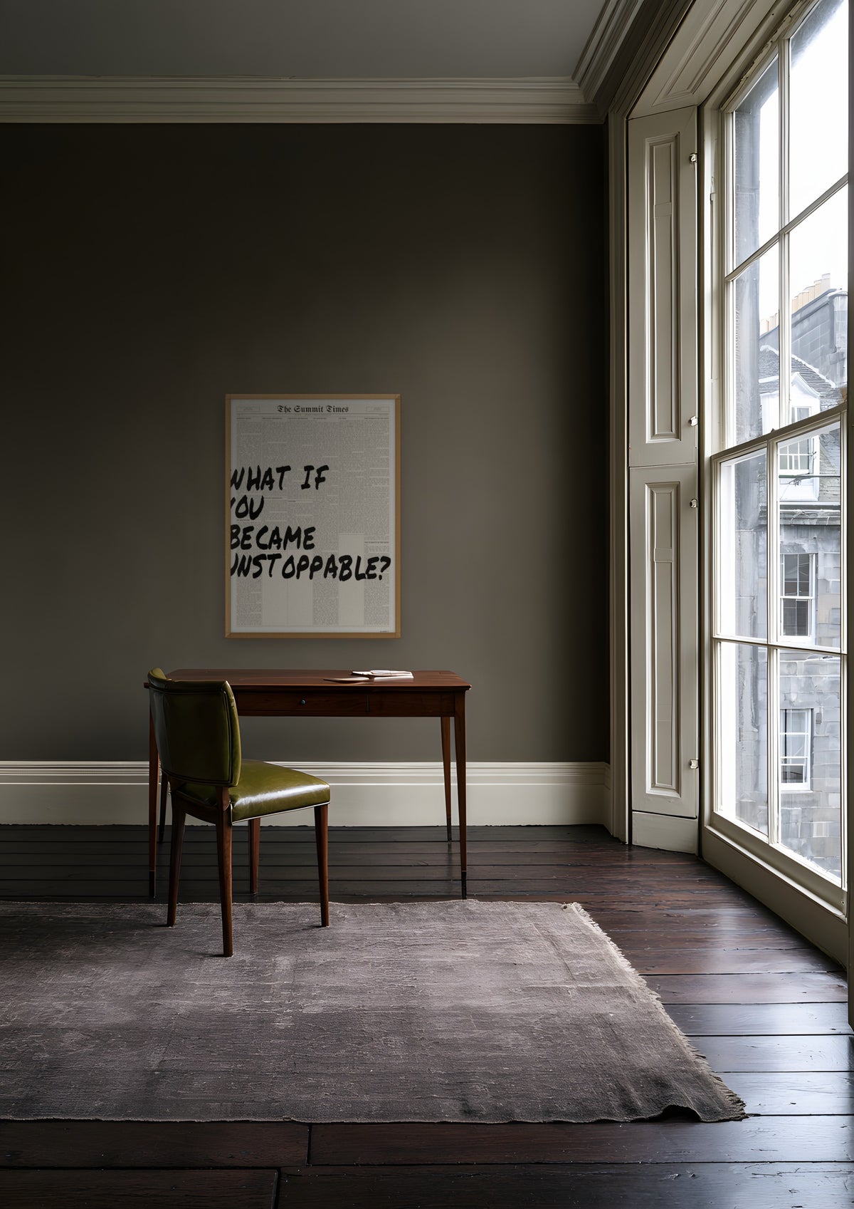 What If You Became Unstoppable? in a natural wood frame, shown in edinburgh-townhouse-study