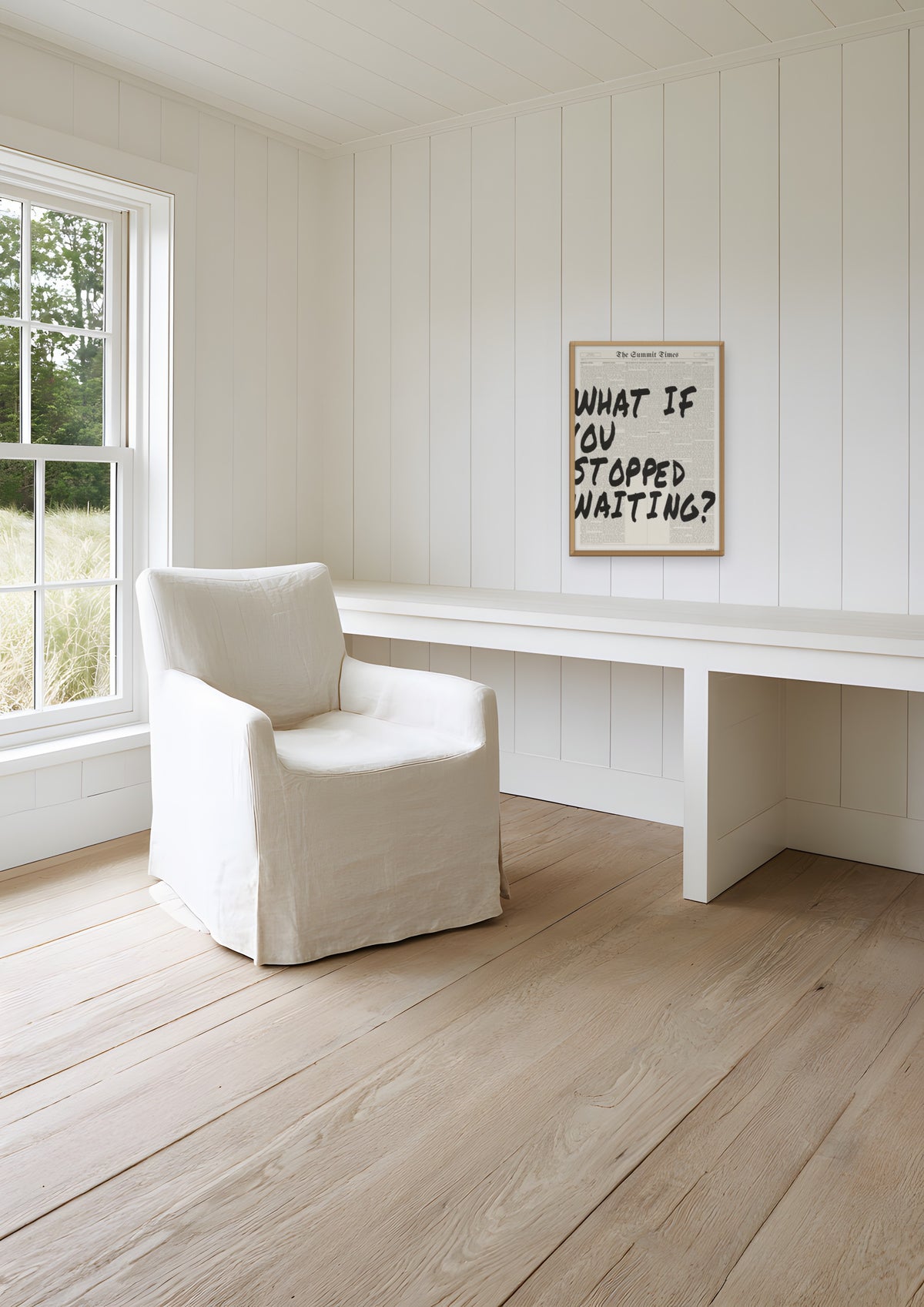 What If You Stopped Waiting? in a natural wood frame, shown in hamptons-home-office
