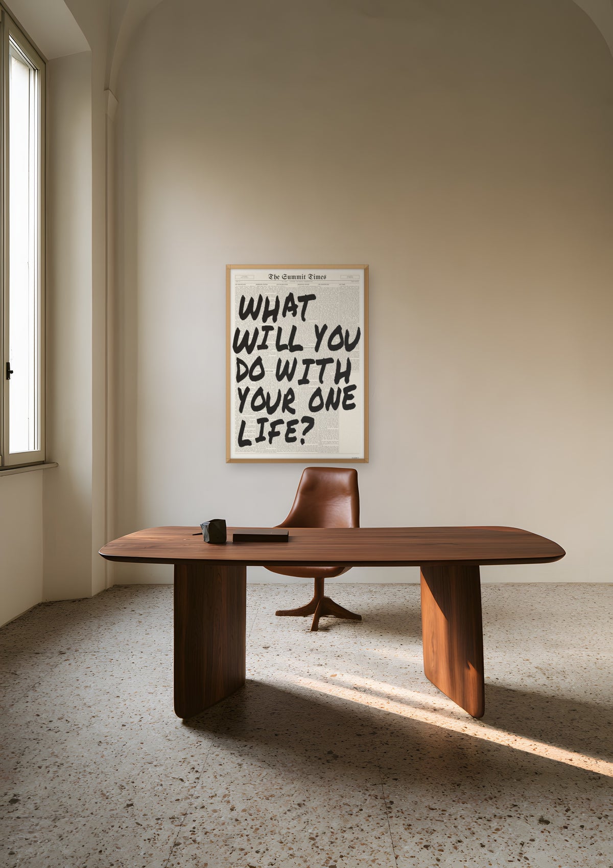 What Will You Do With Your One Life? in a natural wood frame, shown in milan-design-office