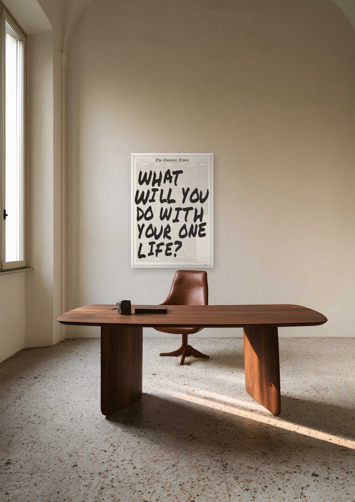 What Will You Do With Your One Life? in a white frame, shown in milan-design-office