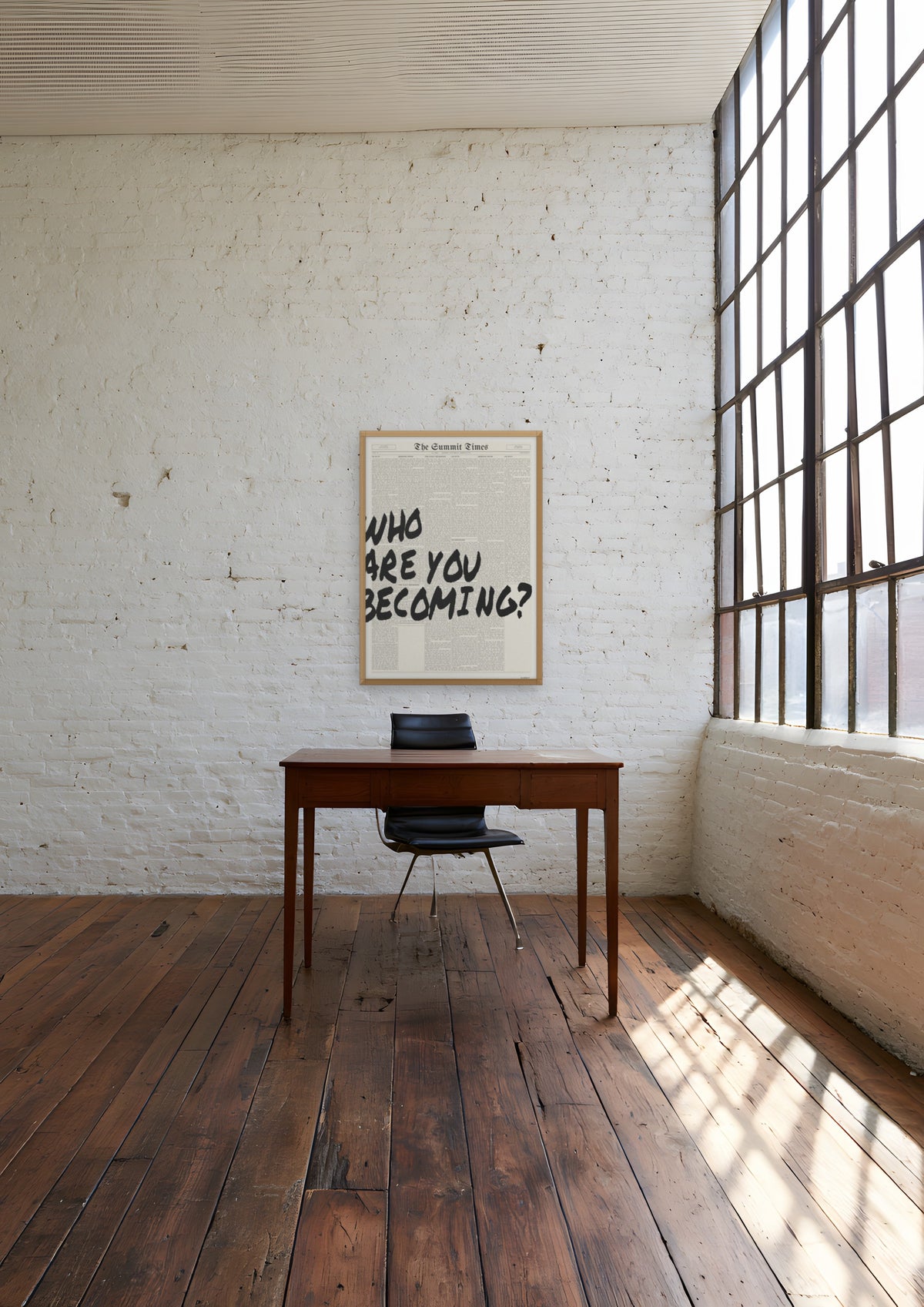 Who Are You Becoming? in a natural wood frame, shown in brooklyn-loft-office